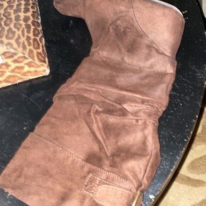 Womens knee boots of brown suede with over lap - flat soles size 8